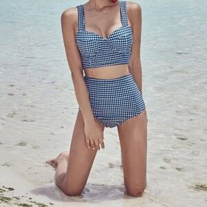 1950’s Style Pinup Blue Gingham Two Piece Swimsuit Bathing Suit High Waist